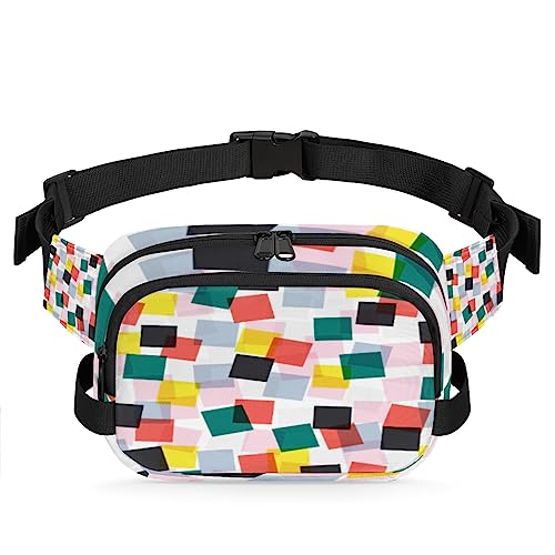 Bunte Geometrie Gürteltasche für Damen und Herren, abstrakte Quadrate, Hüfttasche, modische Umhängetasche, Hüfttasche mit verstellbarem Riemen für Outdoor, Workout, Freizeit, Reisen, Laufen, Wandern, von Yzrwebo