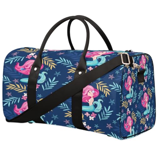 Cartoon Meerjungfrau Reise Duffle Bag für Männer Frauen Blätter Blumen Übernachtung Weekender Tasche Faltbare Reise Duffel Bag Große Sport Gym Bag Wasserdicht Gepäck Tote Bag Tear Resistant, von Yzrwebo