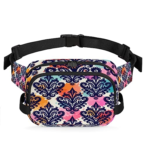 Damast Blumenmuster Gürteltasche für Damen Herren Triba Boho Hüfttasche Mode Crossbody Tasche Hip Bauchtasche mit verstellbarem Gurt für Outdoor Workout Casual Reisen Laufen Wandern Radfahren, von Yzrwebo