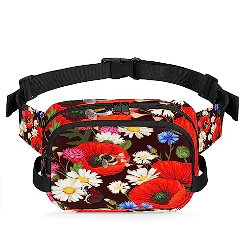 Gürteltasche mit Mohnblumen-Motiv, für Damen, Herren, Gänseblümchen, Honigbiene, Schmetterling, modische Umhängetasche, Hüfttasche mit verstellbarem Riemen für Outdoor, Workout, Freizeit, Reisen, von Yzrwebo