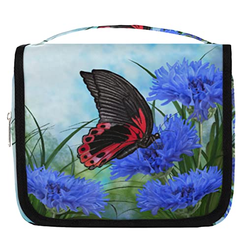 Insekten Schmetterling h?ngende Reise-Kulturbeutel f¨¹r Frauen, blaue Kornblumen, tragbare Reise-Make-up-Tasche, wasserabweisende Reisetasche und Organizer, Kosmetik-Zubeh?r, Mehrfarbig/Meereswellen von Yzrwebo