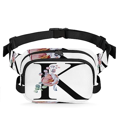 K Letter Fanny Packs Gürteltasche für Damen Herren Rosa Blumenmuster Hüfttasche Mode Crossbody Tasche Hip Bauchtasche mit verstellbarem Gurt für Outdoor Workout Casual Reisen Laufen Wandern Radfahren, von Yzrwebo