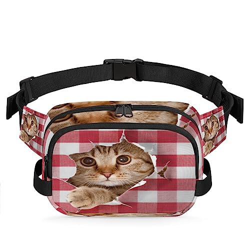 Niedliche Bauchtasche mit Katzenmotiv, für Damen, Herren, kariert, modische Umhängetasche, Hüfttasche mit verstellbarem Riemen für Outdoor, Workout, Freizeit, Reisen, Laufen, Wandern, Radfahren, von Yzrwebo