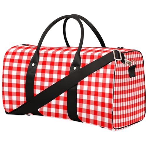 Rot Weiß Plaid Reise Duffle Bag für Männer Frauen Büffel Karo Übernachtung Weekender Tasche Faltbare Reise Duffel Bag Große Sport Gym Bag Wasserdichte Gepäck Tragetasche Reißfest, Mehrfarbig, 17.4 x von Yzrwebo