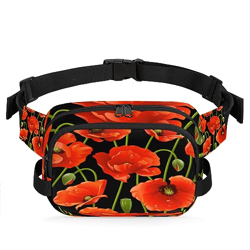 Rote Mohnblumen-Gürteltasche für Damen und Herren, Mohnblumen-Hüfttasche, modische Umhängetasche, Hüfttasche mit verstellbarem Riemen für Outdoor, Workout, Freizeit, Reisen, Laufen, Wandern, von Yzrwebo