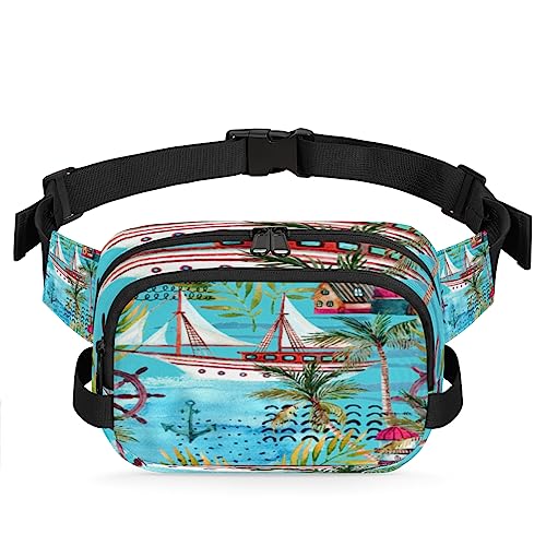 Segelboot Leuchtturm Bauchtasche Gürteltasche für Frauen Mann Ozean Palmblatt Hüfttasche Mode Crossbody Tasche Hip Bauchtasche mit verstellbarem Gurt für Outdoor Workout Casual Reisen Laufen Wandern von Yzrwebo