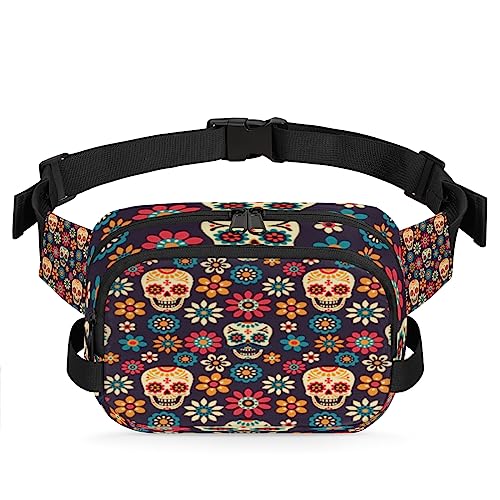 Sugar Skulls Gürteltasche für Damen und Herren, Blumen, modische Umhängetasche, Hüfttasche mit verstellbarem Riemen für Outdoor, Workout, Freizeit, Reisen, Laufen, Wandern, Radfahren, von Yzrwebo