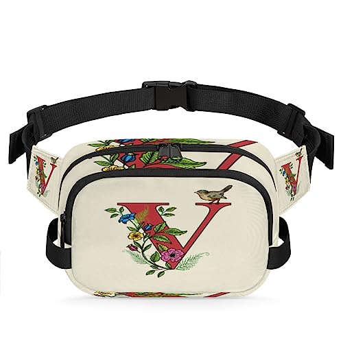 V Letter Fanny Packs Gürteltasche für Damen Mann Flora Blume Vogel Hüfttasche Mode Crossbody Tasche Hüfte Bauchtasche mit verstellbarem Gurt für Outdoor Workout Casual Reisen Laufen Wandern Radfahren, von Yzrwebo