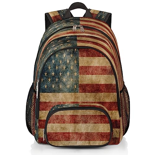 Yzrwebo Vintage Amerikanische Flagge Rucksack für Damen Herren USA Flagge Leichter Rucksack mit mehreren Taschen Laptop iPad Tablet Reise Sporttasche Casual Daypack Rucksack Verstellbare von Yzrwebo