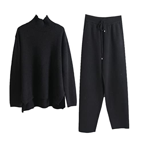 Frauen Oversize Casual 2 Stücke Pullover Set Rollkragen Pullover + Gerade Hose, Hoher Halsausschnitt schwarz, Einheitsgröße von Z-BAIBAO