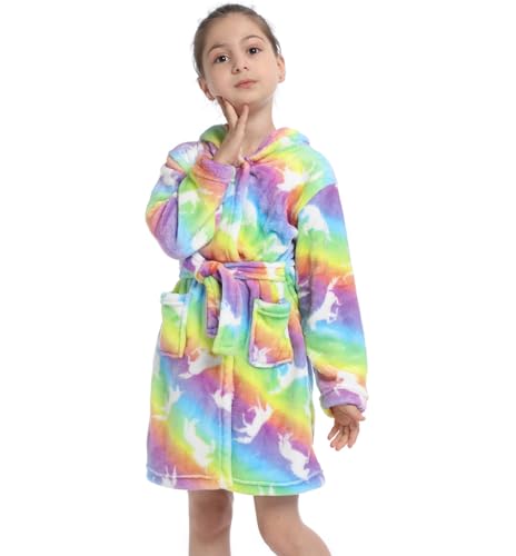 Z-YQL Mädchen Einhorn Bademantel Weiche Kapuze Robe Nachtwäsche Kleid Neuheit Kapuze Nachthemd Fleece Bequem Flanell Bunt, Helles Regenbogen-Himmel-Pfer, 6-7 Jahre von Z-YQL