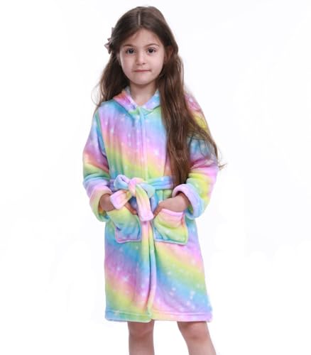 Z-YQL Mädchen Einhorn Bademantel Weiche Kapuze Robe Nachtwäsche Kleid Neuheit Kapuze Nachthemd Fleece Bequem Flanell Bunt, Rotes Pony, 8-9 Jahre von Z-YQL