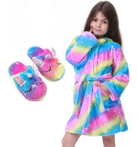 Z-YQL Mädchen Einhorn Bademantel Morgenmantel Neuheit Kapuze Nachthemd Fleece Comfy Flanell Soft Robe Nachtwäsche mit Einhorn Hausschuhe, blau, 8-9 Jahre von Z-YQL