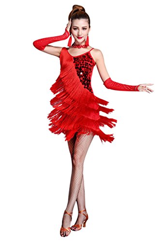 Z&X Damen Salsa Latein-Tanzkleid Glitzer Pailletten Fransen Flapper Partykleid Ballsaal Tanz-Outfits, 024 Rot, Mittel von Z&X