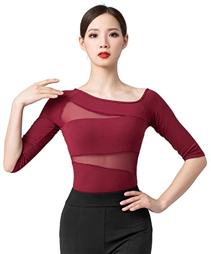 Z&X Damen Tanzoberteile für Frauen Sexy schräge Schulter 1/2 Arm Ballsaal Latein Yoga Crop Tops Shirt, weinrot, X-Groß von Z&X