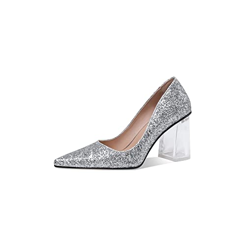 Damen High Chunky Heel Kleid Pumps Schuhe Glitzernd Spitze Geschlossene Zehen Block Clear Heels für Frauen, silber, 39 EU von Z.Oufeier