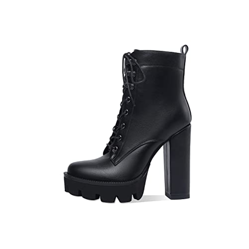 Damen Plateau Stiefeletten Fashion Chunky Heel Lug Sole Combat Boots Lace Up High Heels Booties, Schwarz (Black Pu), 44 EU von Z.Oufeier