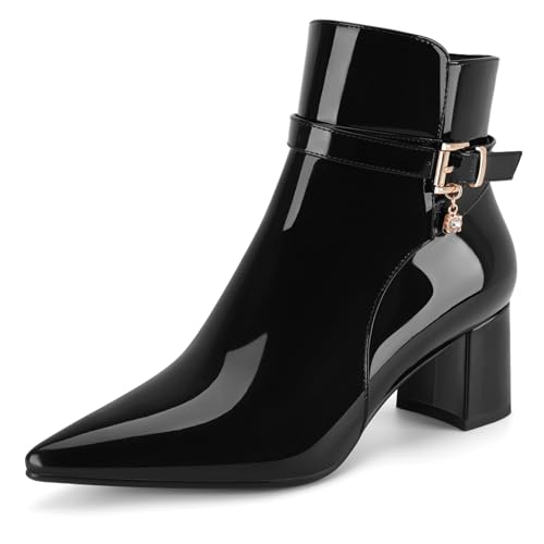 Modische Damen-Stiefeletten aus Leder, klobig, mehrere Riemen, glitzernde Strasssteine, spitzer Zehenbereich, Absatzstiefeletten, Schwarz Lack, 37.5 EU von Z.Oufeier