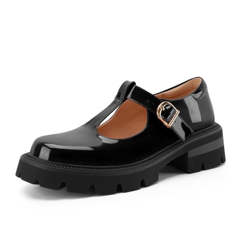 Mary Jane Oxford-Schuhe für Damen, T-Riemen, niedriger Plateau, klobiger Absatz, Lackleder, Stollensohle, geschlossen, runder Zehenbereich, Knöchelriemen, bequem, elegant, Schwarz, 41.5 EU Mary Jane Oxford-Schuhe für Damen, T-Riemen, niedriger Plateau, klobiger Absatz, Lackleder, Stollensohle, geschlossen, runder Zehenbereich, Knöchelriemen, bequem, elegant, Schwarz, 41.5 EU von Z.Oufeier
