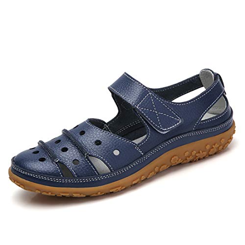 Z.SUO Damen Sandalen Flach Leder Bequeme Casual Mokassin Loafers Fahren Schuhe Mode Sommer Zehentrenner Sandalen(40 EU,Marine) von Z.SUO