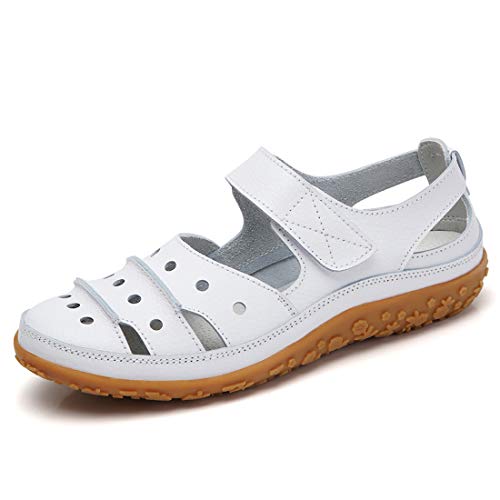 Z.SUO Damen Sandalen Flach Leder Bequeme Casual Mokassin Loafers Fahren Schuhe Mode Sommer Zehentrenner Sandalen(40 EU,Weiß.1) von Z.SUO