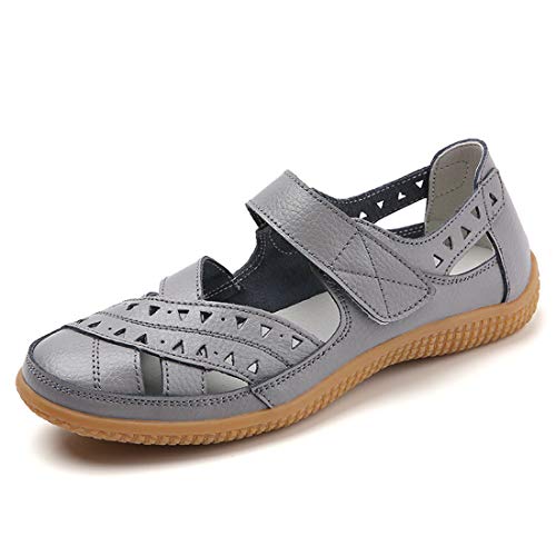 Z.SUO Damen Sandalen Flach Leder Bequeme Casual Mokassin Loafers Fahren Schuhe Mode Sommer Zehentrenner Sandalen (40 EU, Grau) von Z.SUO