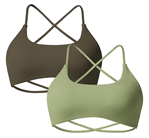 ZAAYO 2er Pack Sport BH Damen Gepolstert Bustier Cross Back Gym Push up Bra Abnehmbare Dichtung Querriemen Hinten Gym BH Coffee-Soy Green Large von ZAAYO