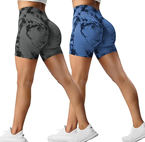 ZAAYO 2er-Pack Sport Short Damen Butt Scrunch Kurze Sporthose Laufhose Hohe Taille Kurze Hosen Butt Lift Booty Nahtlos Fitness Tie Dye Gym Shorts Black Grey-Dark Blue Medium von ZAAYO