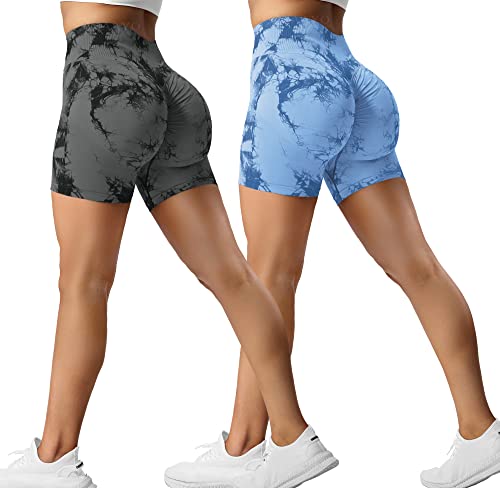 ZAAYO 2er-Pack Sport Short Damen Butt Scrunch Kurze Sporthose Laufhose Hohe Taille Kurze Hosen Butt Lift Booty Nahtlos Fitness Tie Dye Gym Shorts Black Grey-Light Blue Large von ZAAYO