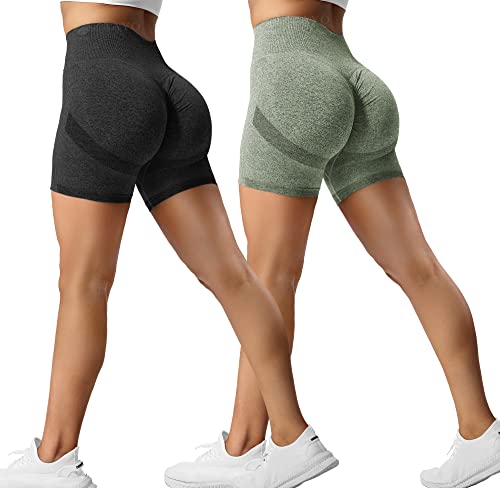 ZAAYO 2er-Pack Sport Short Damen Butt Scrunch Kurze Sporthose Laufhose Hohe Taille Kurze Hosen Butt Lift Booty Nahtlos Fitness Tie Dye Gym Shorts Black-Khaki Large von ZAAYO