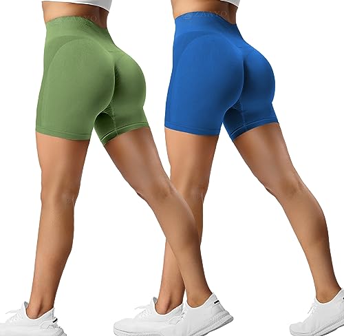 ZAAYO 2er-Pack Sport Short Damen Butt Scrunch Kurze Sporthose Laufhose Hohe Taille Kurze Hosen Butt Lift Booty Nahtlos Fitness Tie Dye Gym Shorts Green - Blau Large von ZAAYO