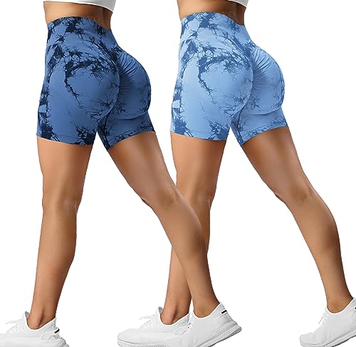 ZAAYO 2er-Pack Sport Short Damen Butt Scrunch Kurze Sporthose Laufhose Hohe Taille Kurze Hosen Butt Lift Booty Nahtlos Fitness Tie Dye Gym Shorts Hellblau - Dunkelblau Large von ZAAYO