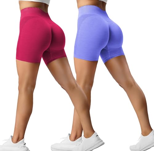 ZAAYO 2er-Pack Sport Short Damen Butt Scrunch Kurze Sporthose Laufhose Hohe Taille Kurze Hosen Butt Lift Booty Nahtlos Fitness Tie Dye Gym Shorts Rose-Taro Purple Large von ZAAYO