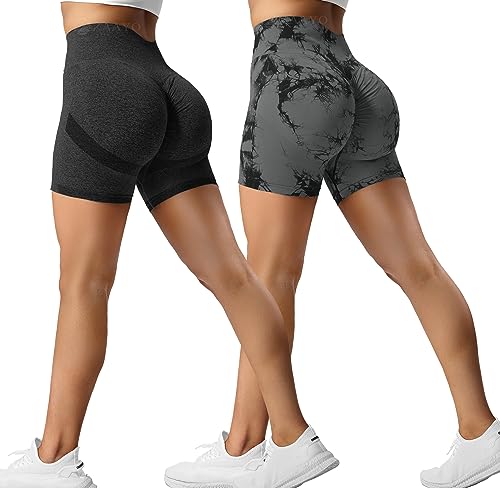 ZAAYO 2er-Pack Sport Short Damen Butt Scrunch Kurze Sporthose Laufhose Hohe Taille Kurze Hosen Butt Lift Booty Nahtlos Fitness Tie Dye Gym Shorts Schwarz - Schwarz Grau Small von ZAAYO