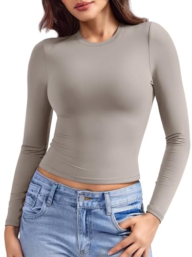 ZAAYO Basic Langarmshirt Damen Sport Oberteile Compression Long Sleeve Shirt Crop Top Double Lined Y2K Langarm Top Atmungsaktives Sport Tops Grey S von ZAAYO