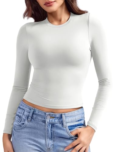 ZAAYO Basic Langarmshirt Damen Sport Oberteile Compression Long Sleeve Shirt Crop Top Double Lined Y2K Langarm Top Atmungsaktives Sport Tops White S von ZAAYO