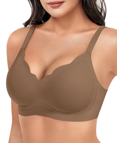ZAAYO Damen BH Volle Cups Ohne Bügel Nahtloser BHS Tiefem V Ausschnitt Wellenschliff Gepolstert Bralette Push Up BH Bügellos Bustier mit Zusätzlicher Bra Verlängerung Braun XXL von ZAAYO
