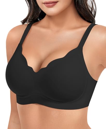 ZAAYO Damen BH Volle Cups Ohne Bügel Nahtloser BHS Tiefem V Ausschnitt Wellenschliff Gepolstert Bralette Push Up BH Bügellos Bustier mit Zusätzlicher Bra Verlängerung Schwarz XL von ZAAYO