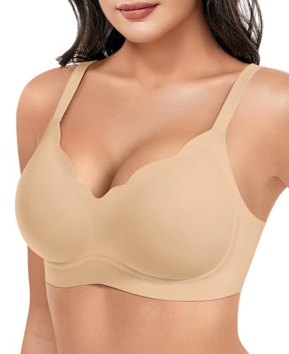 ZAAYO Damen BH Volle Cups Ohne Bügel Nahtloser BHS Tiefem V Ausschnitt Wellenschliff Gepolstert Bralette Push Up BH Bügellos Bustier mit Zusätzlicher Bra Verlängerung Tiefes Natur Beige M von ZAAYO