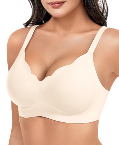 ZAAYO Damen BH Volle Cups Ohne Bügel Nahtloser BHS Tiefem V Ausschnitt Wellenschliff Gepolstert Bralette Push Up BH Bügellos Bustier mit Zusätzlicher Bra Verlängerung Weiß XL von ZAAYO