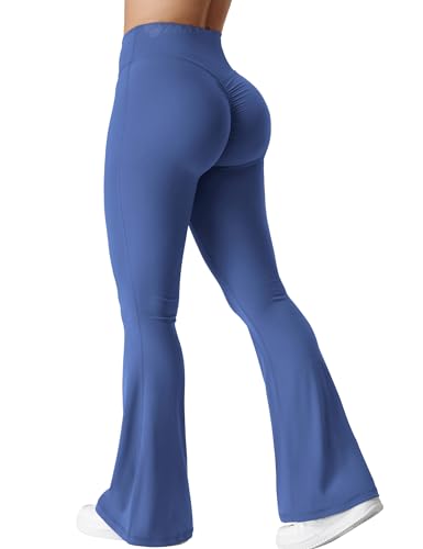 ZAAYO Damen Flare Scrunch Leggings V Cross Taille Bell Bottom Yoga Hosen Tummy Control Bootcut Workout Leggings Blau M von ZAAYO