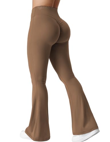 ZAAYO Damen Flare Scrunch Leggings V Cross Taille Bell Bottom Yoga Hosen Tummy Control Bootcut Workout Leggings Braun M von ZAAYO
