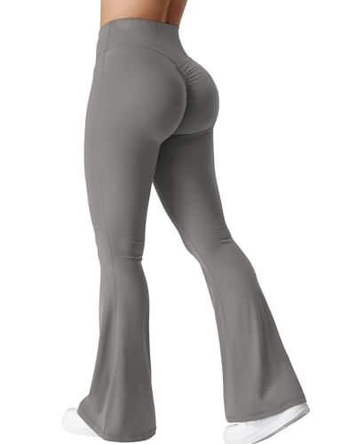 ZAAYO Damen Flare Scrunch Leggings V Cross Taille Bell Bottom Yoga Hosen Tummy Control Bootcut Workout Leggings Grau S von ZAAYO