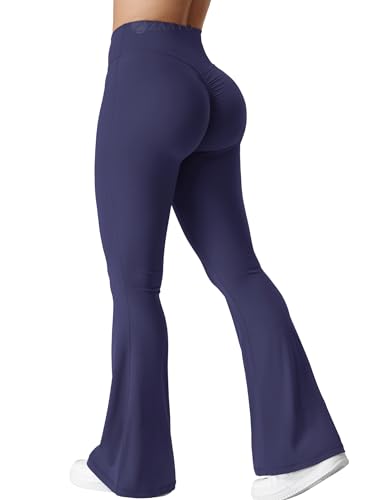 ZAAYO Damen Flare Scrunch Leggings V Cross Taille Bell Bottom Yoga Hosen Tummy Control Bootcut Workout Leggings Marineblau XL von ZAAYO