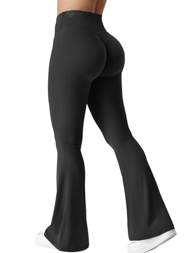 ZAAYO Damen Flare Scrunch Leggings V Cross Taille Bell Bottom Yoga Hosen Tummy Control Bootcut Workout Leggings Schwarz XL von ZAAYO