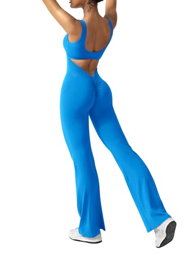 ZAAYO Damen Flared Jumpsuit Tight Scrunch Butt Overalls Lang Ärmelloser Sport rückenfrei Jumpsuit Yoga Bodycon Einteiler Ganzkörperanzug Stretch Elegant Jumpsuits Blau X-Large von ZAAYO