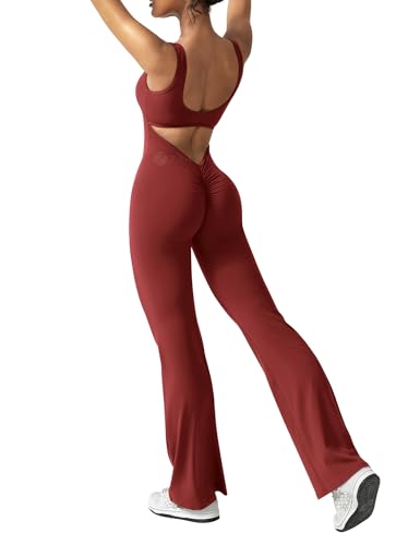 ZAAYO Damen Flared Jumpsuit Tight Scrunch Butt Overalls Lang Ärmelloser Sport rückenfrei Jumpsuit Yoga Bodycon Einteiler Ganzkörperanzug Stretch Elegant Jumpsuits Burgundy Large von ZAAYO