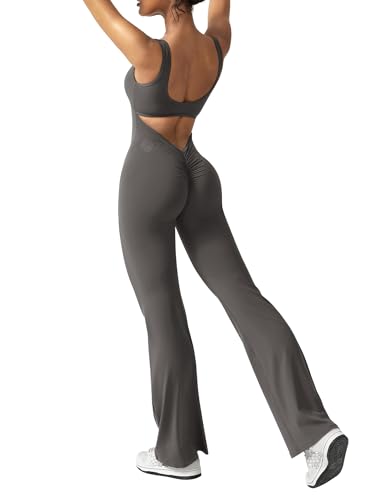 ZAAYO Damen Flared Jumpsuit Tight Scrunch Butt Overalls Lang Ärmelloser Sport rückenfrei Jumpsuit Yoga Bodycon Einteiler Ganzkörperanzug Stretch Elegant Jumpsuits Dunkelgrau Small von ZAAYO