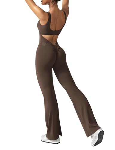 ZAAYO Damen Flared Jumpsuit Tight Scrunch Butt Overalls Lang Ärmelloser Sport rückenfrei Jumpsuit Yoga Bodycon Einteiler Ganzkörperanzug Stretch Elegant Jumpsuits Kaffee Large von ZAAYO