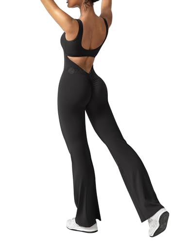 ZAAYO Damen Flared Jumpsuit Tight Scrunch Butt Overalls Lang Ärmelloser Sport rückenfrei Jumpsuit Yoga Bodycon Einteiler Ganzkörperanzug Stretch Elegant Jumpsuits Schwarz Small von ZAAYO